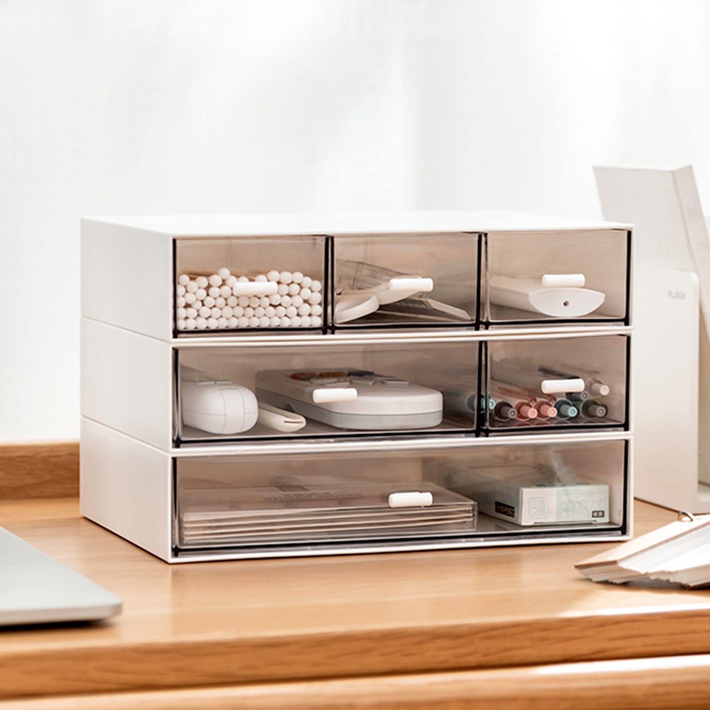 Desk Organizer-3 Tier Stackable Storage Drawers with 6 Compartments White Compact Desk Storage Drawers Great for Makeup Storage Bathroom Organization Accessories Etc (White)