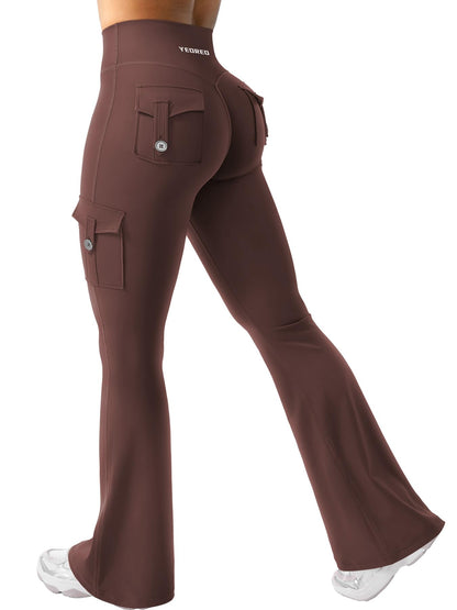 YEOREO CoreFlex Women Workout Flare Leggings with Pockets Hidden Scrunch Cargo Gym Yoga No Front Seam Leggings Chocolate XS