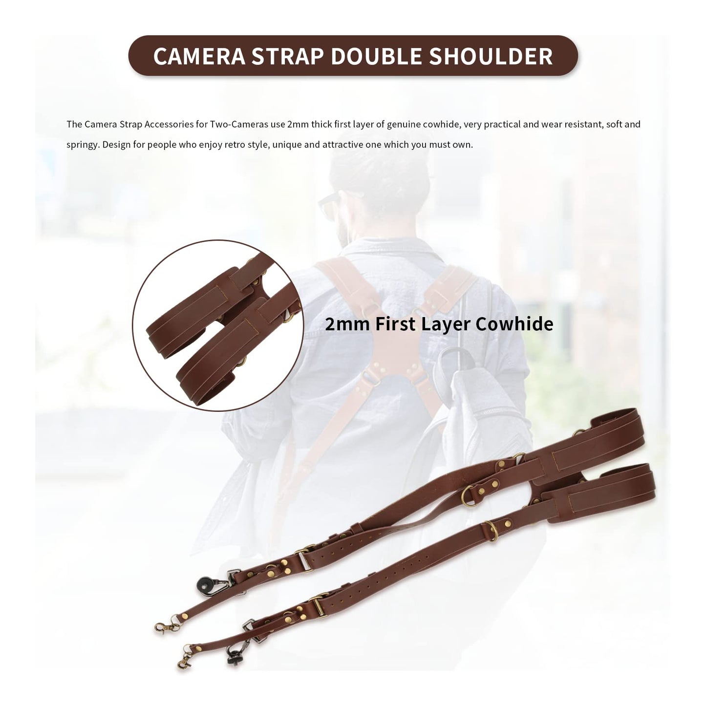 Gugxiom Double Camera Strap,Camera Shoulder Strap for Two Cameras,Adjustable Leather Double Camera Harness Brown