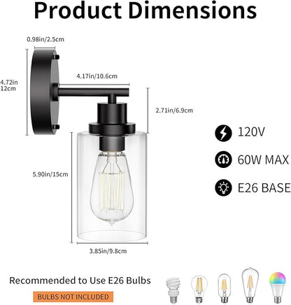 Bathroom Wall Sconces Set of Two: Black Vanity Light Fixtures with E26 Base LED Cordless Indoor Wall Mount Lamp for Mirror Bedroom Hallway Stairway Modern Decor Lighting