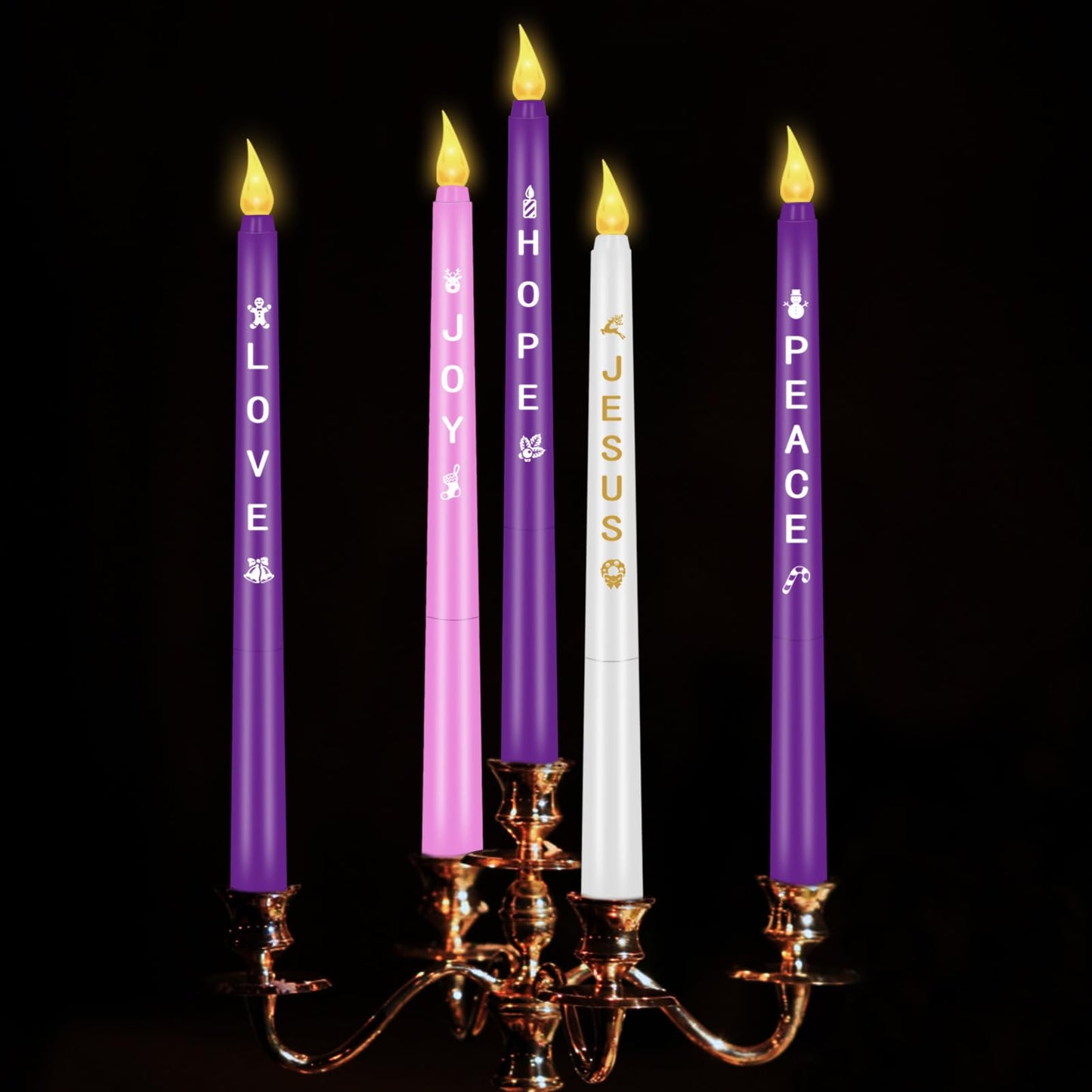 RGQSUN LEDs Flameless Advent Candles Sets of 5 Christmas Advent Candles Battery Operated Flickering Flameless Taper Candle for Christmas Wreath Advent Decor(Battery is not Included)