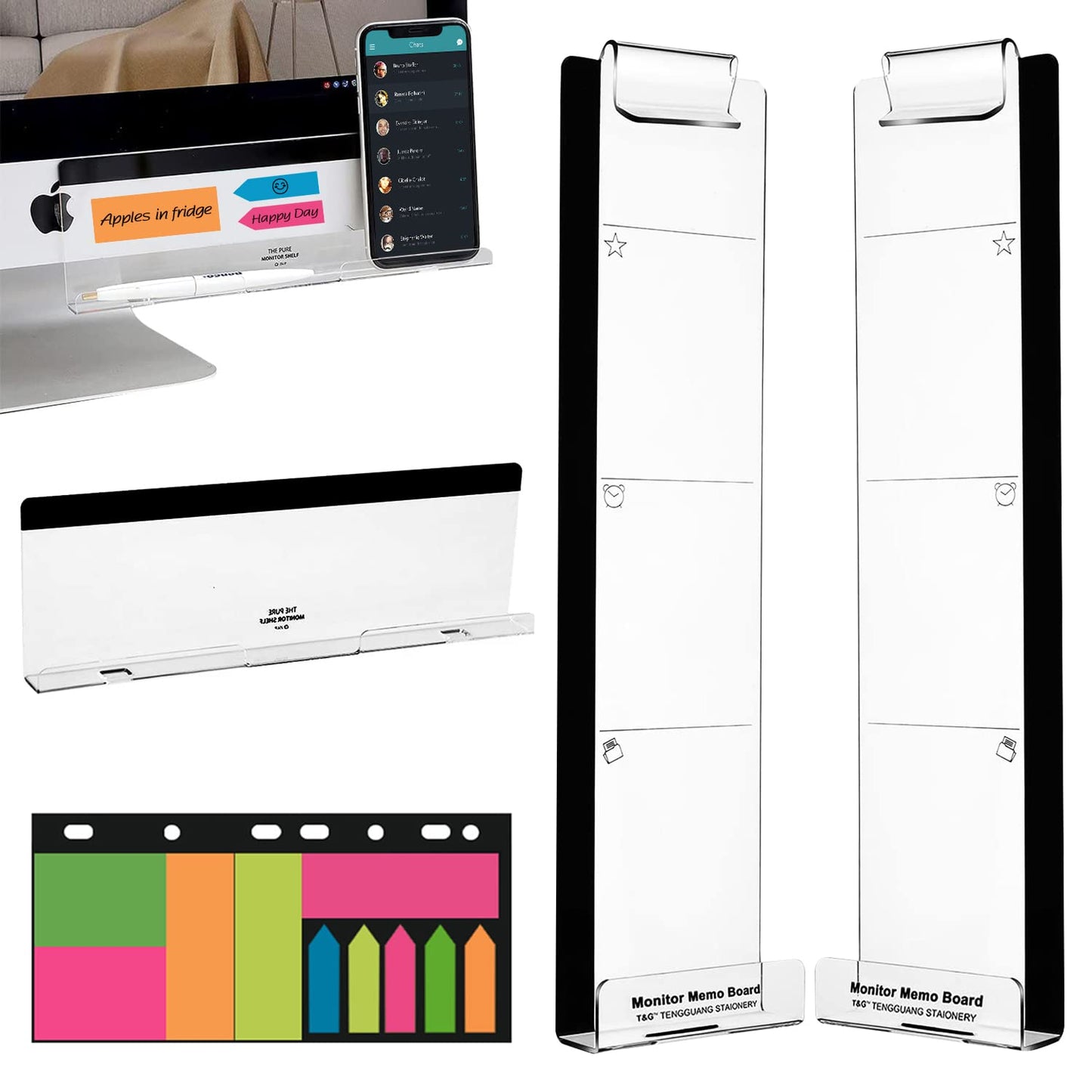 Monitor Memo Boards for Computer, Set of 3 (Left & Right & Bottom) Multifunction Acrylic Screen Message Reminder Pad Side Panels Phone Holder - Utility Organizer for Office Desktop, with Sticky Notes
