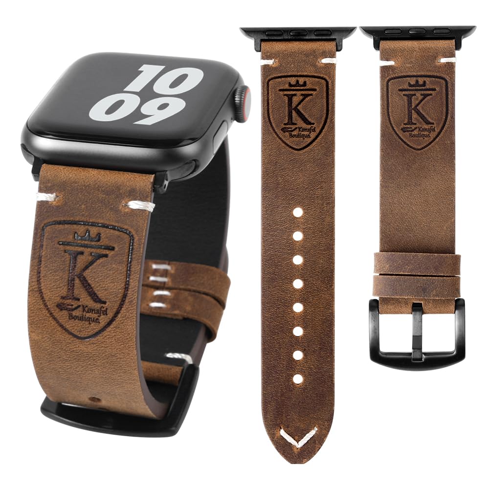 KONAFEI Band Compatible with Apple Watch Ultra 2/1 49mm 46mm 45mm 44mm 42mm 41mm 40mm 38mm Series 10/9/8/SE/7/6/5/4/3/2, Vintage Leather iWatch Strap for Men Women (38/40/41mm, Classic Crazy-Horse Leather-Yellow Brown)