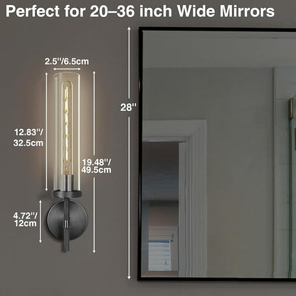 Matte Black Wall Sconce 19.48" Industrial Wall Lamp with Clear Glass Tube, Bathroom Vanity Lighting & Bedroom Hallway Staircase Sconces, Garage Entryway Porch Light Fixture(Including Bulb)