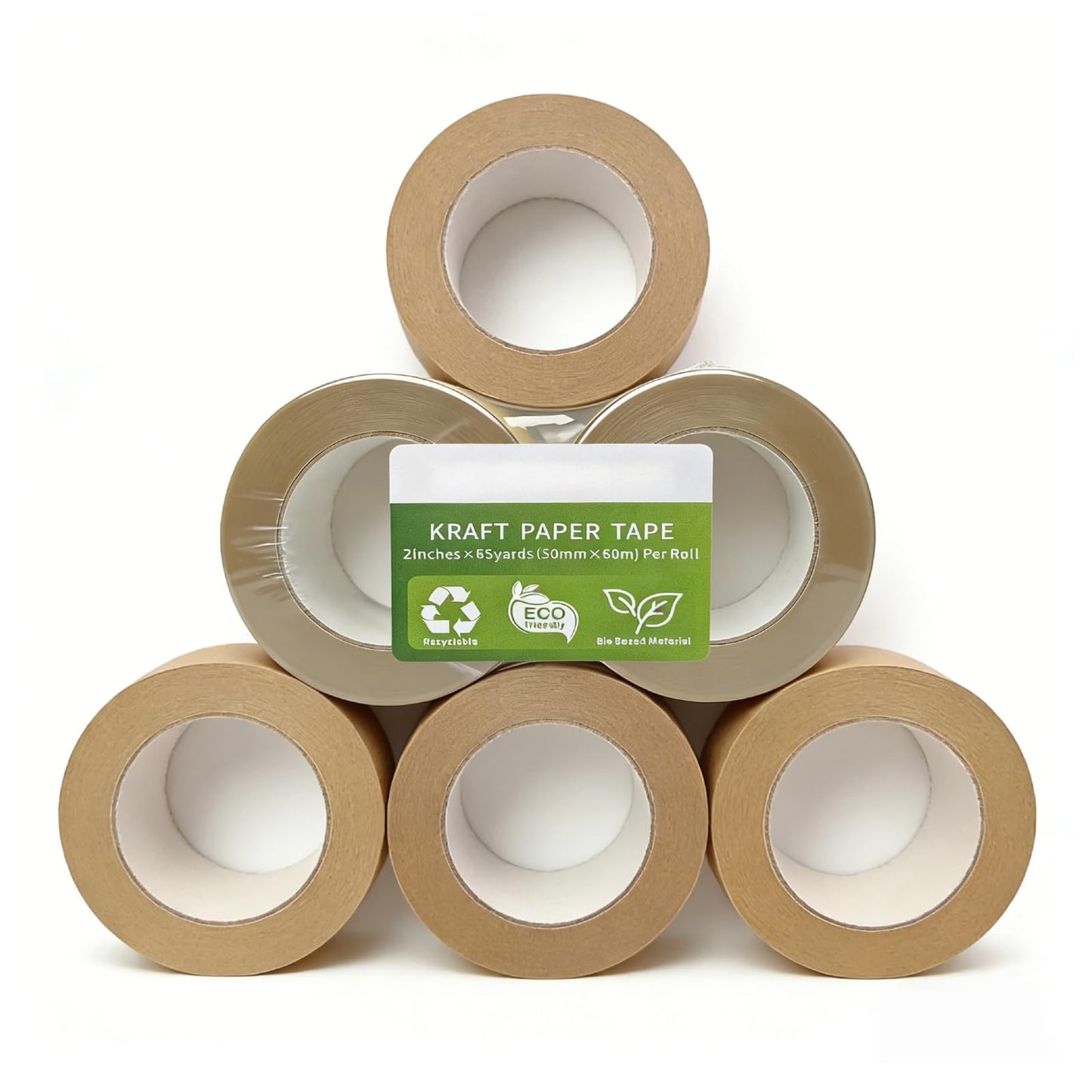 Hijelyn Eco-Friendly Brown Paper Packing Tape 66 Yards x 6 Rolls Recyclable Kraft Packaging Tape for Moving Shipping Mailing, Odorless and Quiet Box & Carton Sealing Packaging Supplies 2 Inch Width