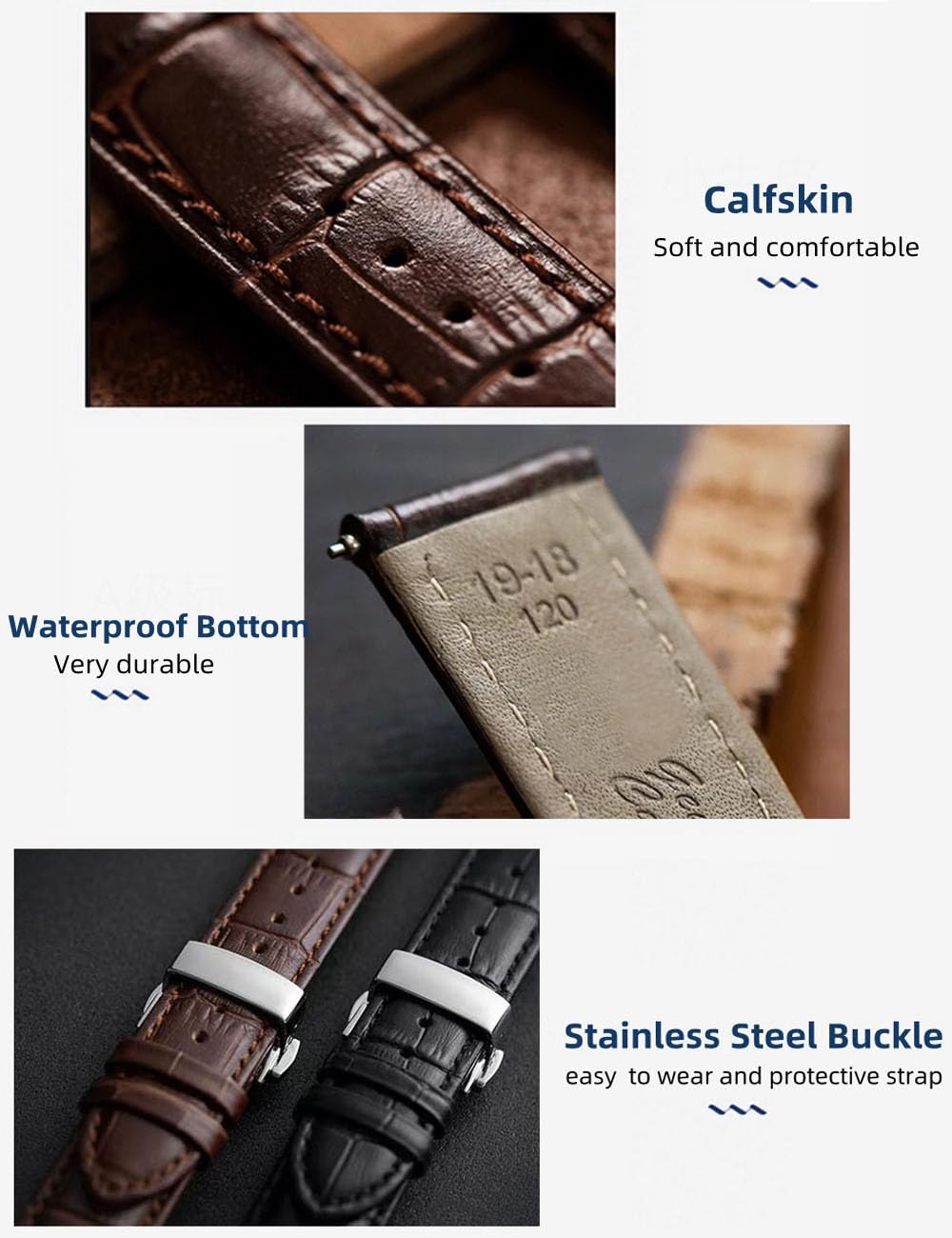 HEYOZURY Watch Bands Genuine Leather Embossed Alligator Grain Calfskin Deployment Buckle Replacement Strap for Women Men Bracelet Men's and Women's Watch Straps 14mm to 24mm
