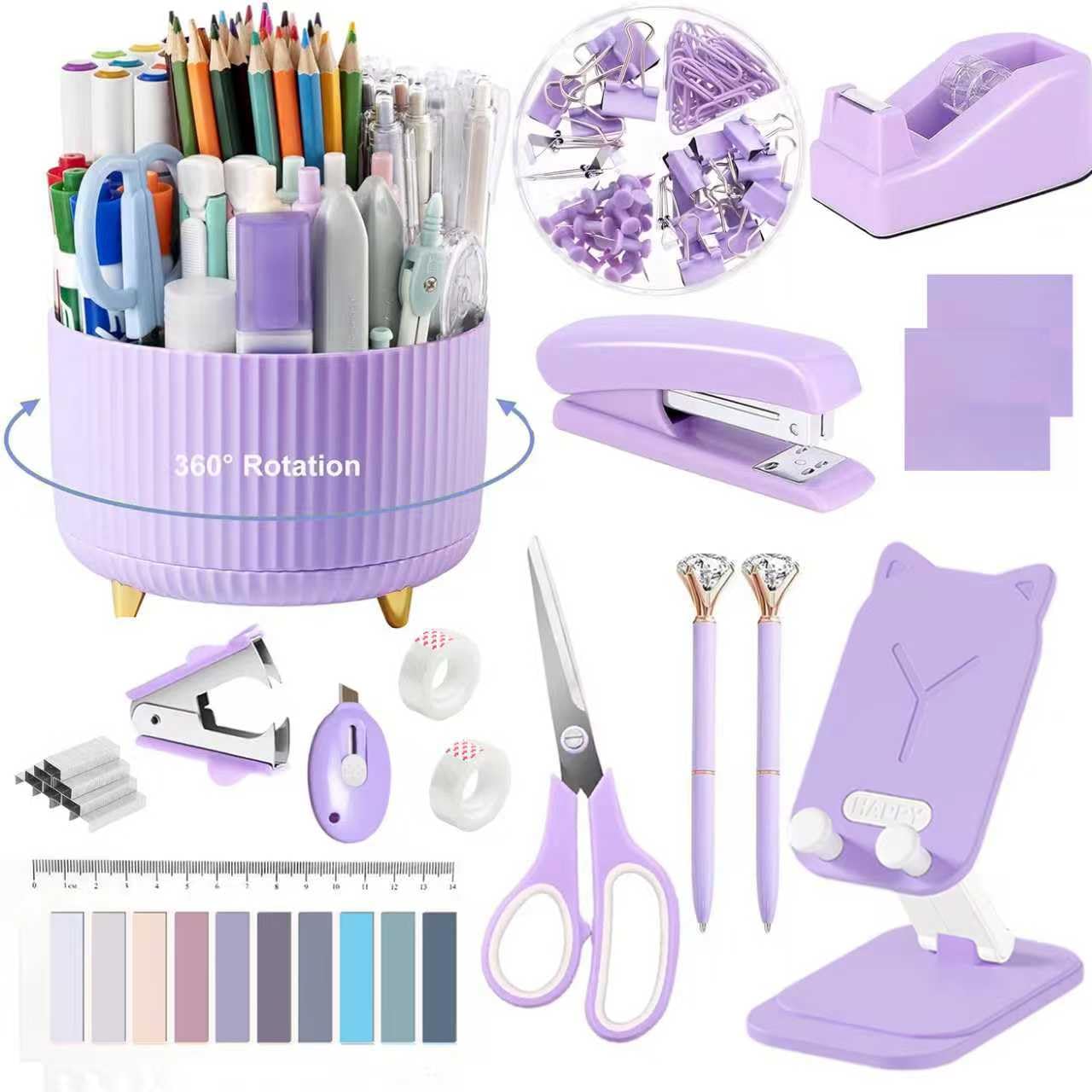 Office Supplies,Purple Desk Accessories,Desk Organizer,Phone Stand,Scissors,Stapler,Tape Dispenser,Binder clips,Staples,staple remover,Sticky Notes,Index Tabs,Clear Tape,Mini Box Cutter,Cool Pen.16pcs