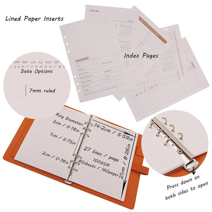 HXRTANGS A5 Refillable Notebook, Ring Binder Journal Personal Organizer with Lined Paper + Planner Stickers + Subject Dividers + Index Tabs + Bookmark Ruler + Zip Bag + Stencil, Navy Blue