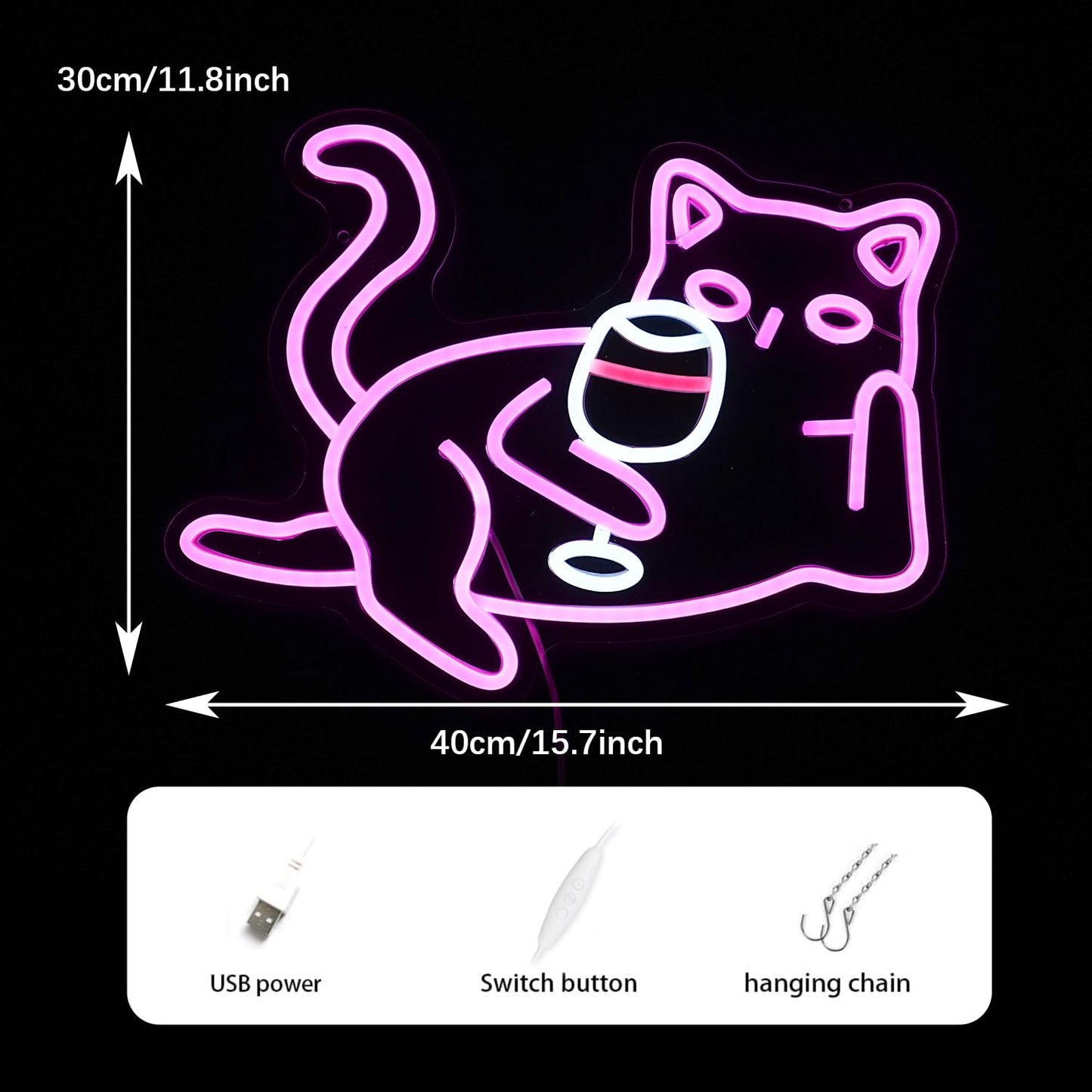 Cat Wine Glasses Neon Sign Dimmable LED Light Pink Cat For Wall Decoration Cocktail Neon Lights Powered By USB Light Up Signs For Bar Decor Living Room Cat cafe Art Dinning Room Cat Lover Gift
