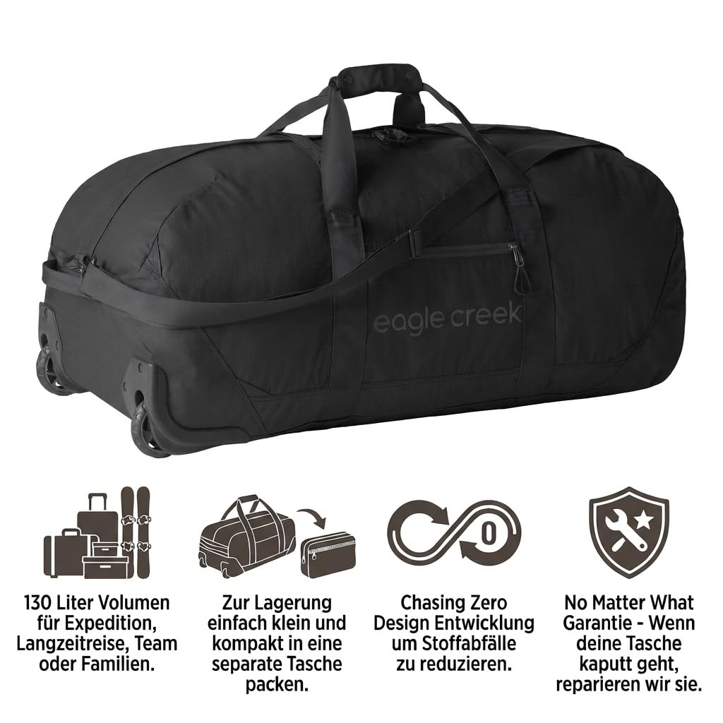 Eagle Creek No Matter What Rolling Duffel - Durable Rolling Bag for Travel - Adjustable Shoulder Strap - Heavy Duty Wheels - Lockable Zippers - Multiple Carry Options - 130L - Black