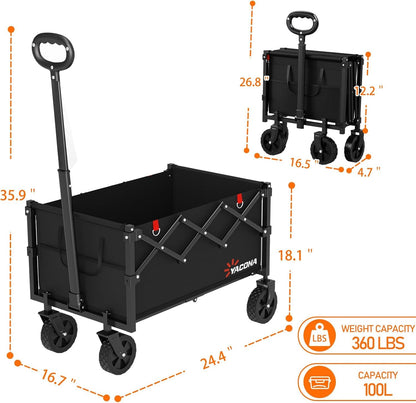 Yozoia Wagons Carts Foldable, Lightweight Portable Utility Shopping Cart with Wheels, Folding Grocery Wagon Cart for Grocery, Camping, Shopping, Beach, Garden, Sports Black