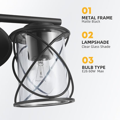 mavcadonf 3-Lights Bathroom Vanity Lights, Bathroom Light Fixtures Over Mirror, Matte Black Vanity Light, Farmhouse Wall Lights with Clear Glass Shade, Bathroom Wall Lamp for Mirror Kitchen Bedroom