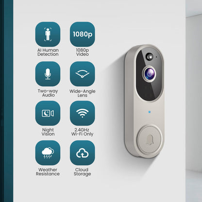 Orbitell Wireless Wi-Fi Video Doorbell Camera with Two Way Audio, AI Motion Detection, Night Vision and Cloud Storage, 2.4G Wi-Fi only
