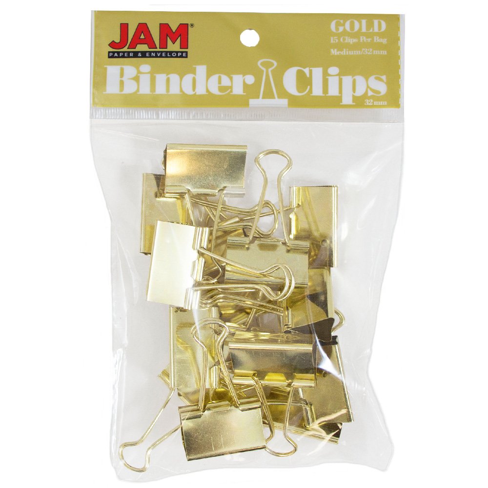 JAM PAPER Colorful Binder Clips - Medium - 1 1/4 Inch (32 mm) - Gold Binderclips - 15/Pack