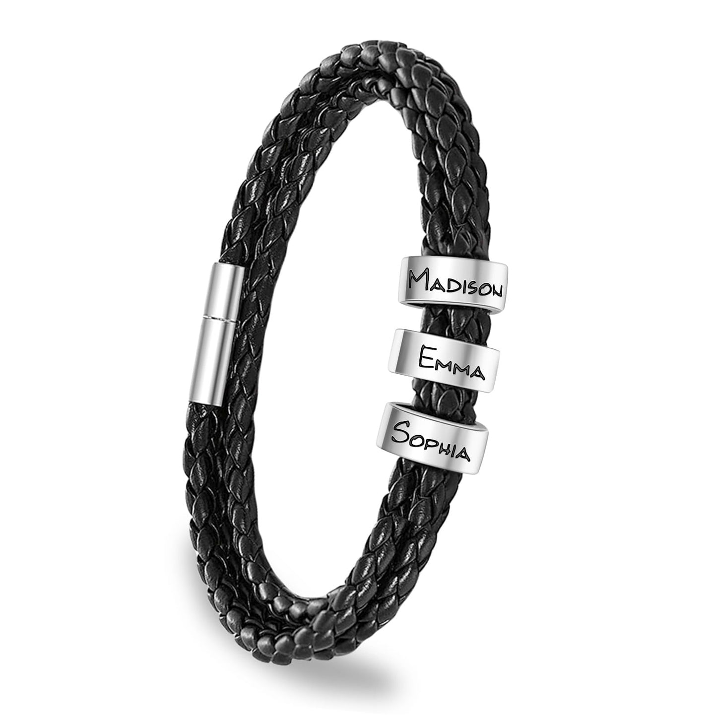 ShineSand Personalized Mens Leather Bracelet with Custom Beads, Customized Braid Leather Bracelet Engraved with Names for Men