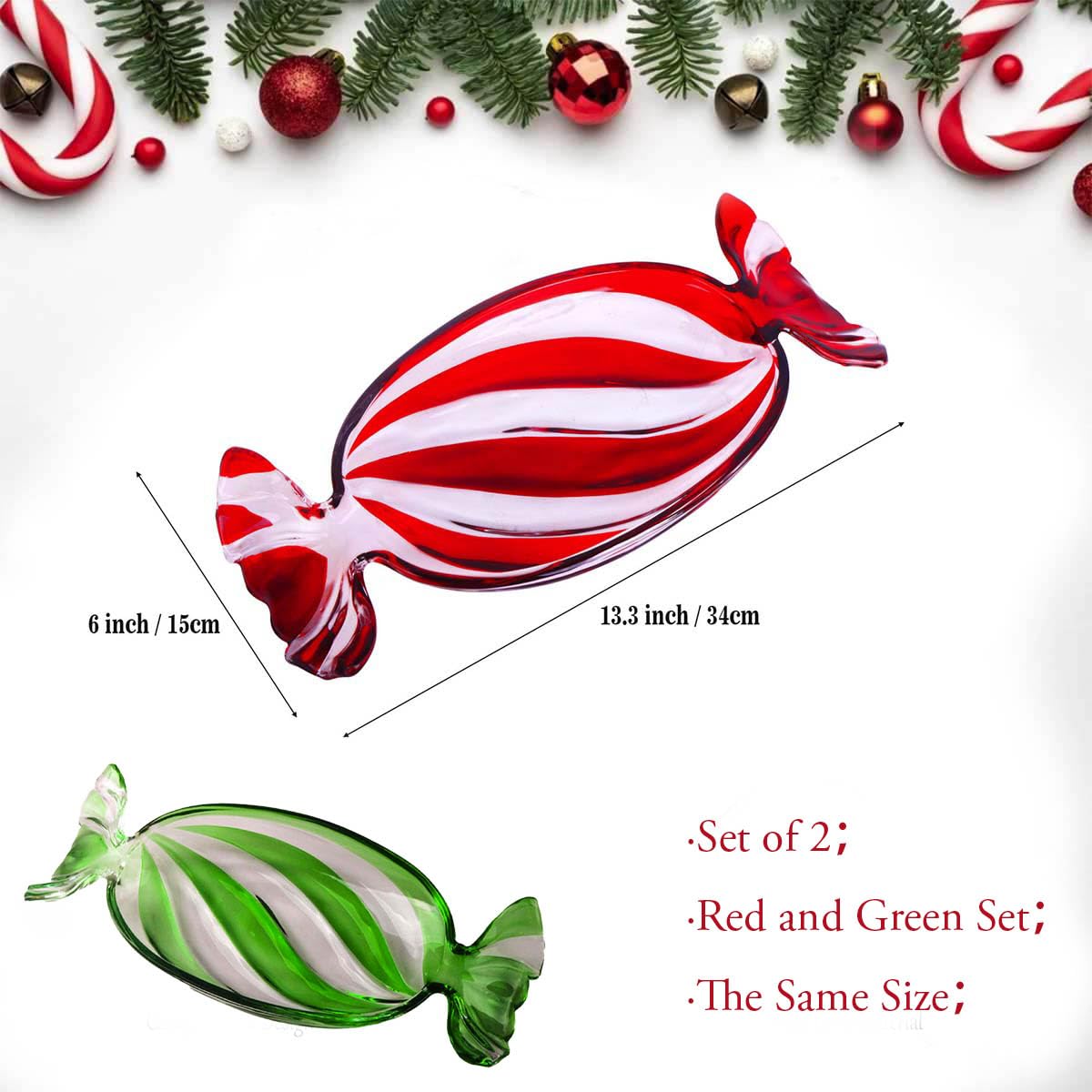 Gkesgm Christmas Red & Green Set Crystal Glass Candy Platter Dish Serving Dessert Christmas Dinnerware Tray Decorative for Xmas Holiday Party