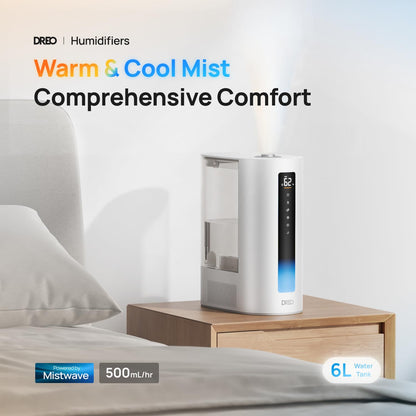 Dreo 6L Humidifiers for Bedroom, Smart Warm & Cool Mist for Large Room, 60Hr Quiet Runtime for Baby, Plant, Humidity Sensor, Indicator Light, 12H Timer, Google/Alexa, HM713S