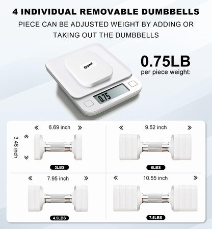 15LBS Adjustable Dumbbells Sets, 4 in 1 Free Weight Dumbbell Sets for Women Men Hand Weight Set Adjust Dumbbells Weights Set for Home Gym Exercise Workout Strength Training Equipments, White