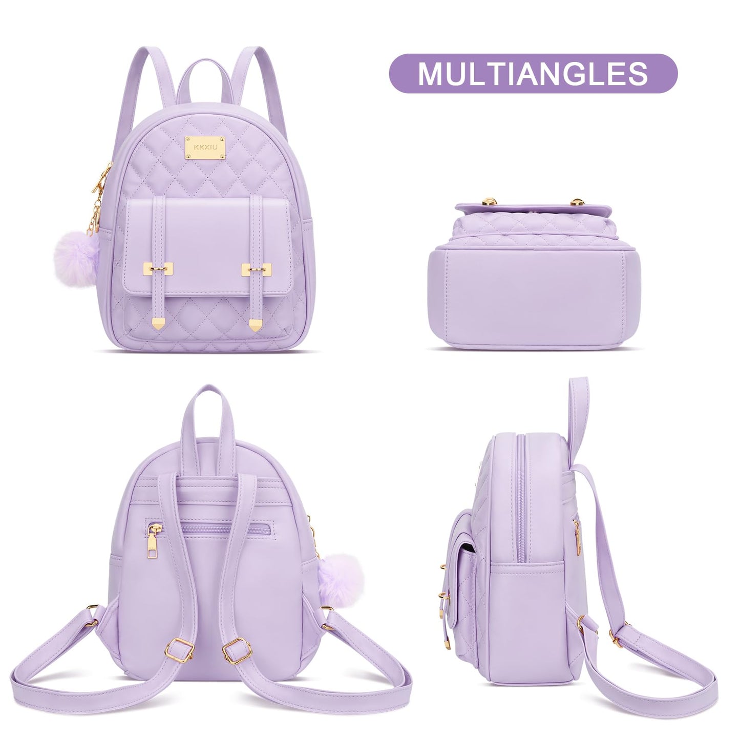 KKXIU Girls Small Backpack Purse Vegan Leather Quilted Mini Daypack for Women Trendy Bookbag (Purple)