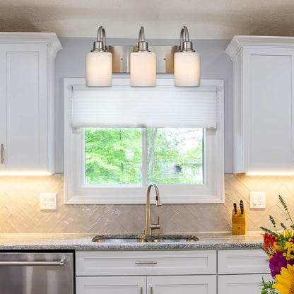 VINLUZ 3-Light Indoor Modern Bathroom Vanity Lighting Fixtures,Brushed Nickel Finish Metal Wall Light Over Mirror with Opal White Glass Shade for Hallway Makeup Table