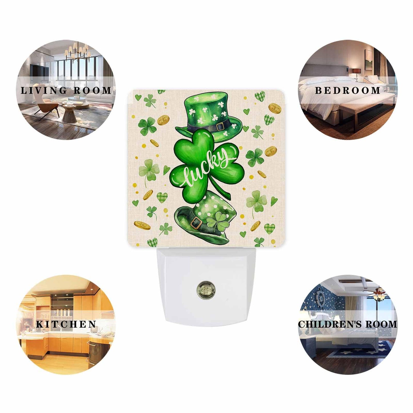 Happy St.Patrick's Day Plug-in LED Night Lights, Shamrocks Hat Spring Auto Dusk-to-Dawn Sensor for Bedroom, Bathroom, Kitchen, Nursery, Hallway, Stairs, Wall Home Decor, Lucky Clover Gold Coins