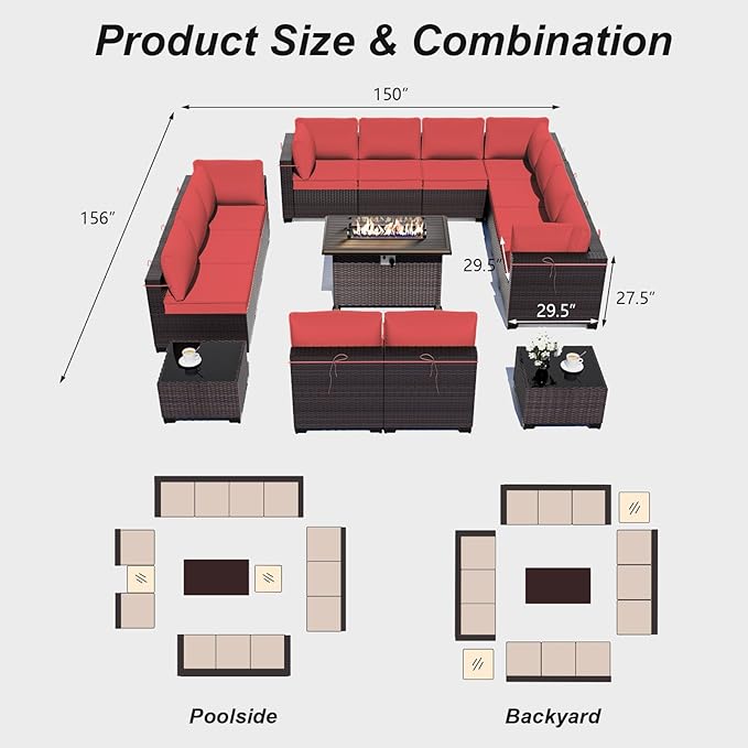 ALAULM 15 Pieces Outdoor Patio Furniture Set with Propane Fire Pit Table Outdoor Sectional Sofa Sets Patio Furniture 43" Gas Fire Pit Brown PE Rattan Patio Conversation Set w/12 Cushions-Red