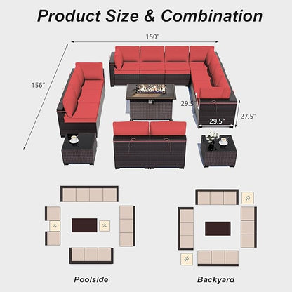 ALAULM 15 Pieces Outdoor Patio Furniture Set with Propane Fire Pit Table Outdoor Sectional Sofa Sets Patio Furniture 43" Gas Fire Pit Brown PE Rattan Patio Conversation Set w/12 Cushions-Red