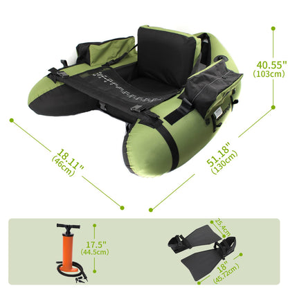 Xproutdoor Fishing Float Tube with Adjustable Backpack Straps, Storage Pockets, Fish Ruler, Fly Fishing Boat with Pump, Oar, Rod Holder and Mount, Fins, 350LBS Load Bearing Capacity, FT003,Green
