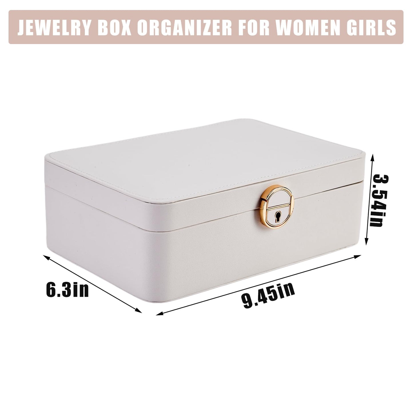 GarveeHome 1PC 2-Layer Jewelry Box Organizer, PU Leather Lockable Jewelry Storage Case for Women Girls, White/Champagne, Portable Display Box for Rings, Necklaces, Earrings
