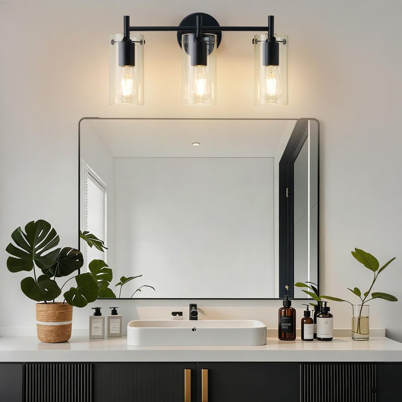 Indoi Bathroom Light Fixtures, 3-Light Matte Black Vanity Light, Black Bathroom Lights Over Mirror with Clear Glass Shade, Wall Sconces for Mirror Bedroom Living Room Hallway