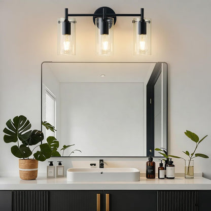 Indoi Bathroom Light Fixtures, 3-Light Matte Black Vanity Light, Black Bathroom Lights Over Mirror with Clear Glass Shade, Wall Sconces for Mirror Bedroom Living Room Hallway
