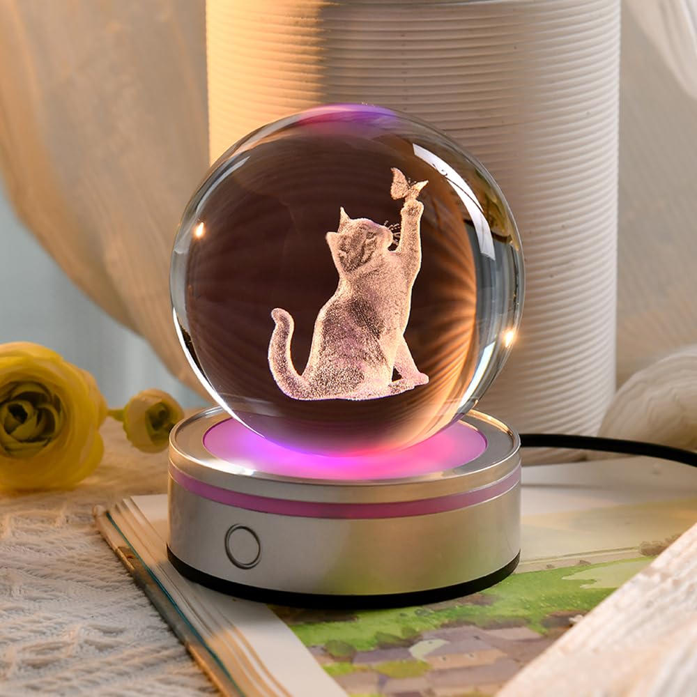 ZRENJHUS 3D Cat Crystal Ball Gifts for Women 80mm Cat Lover Gift for Her Glass Sphere Kitten Night Light with 12 Colorful Modes Light Base