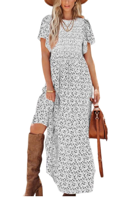 PRETTYGARDEN Women's 2025 Summer Casual Flutter Short Sleeve Boho Floral Maxi Dress Crew Neck Smocked Tiered Long Dresses