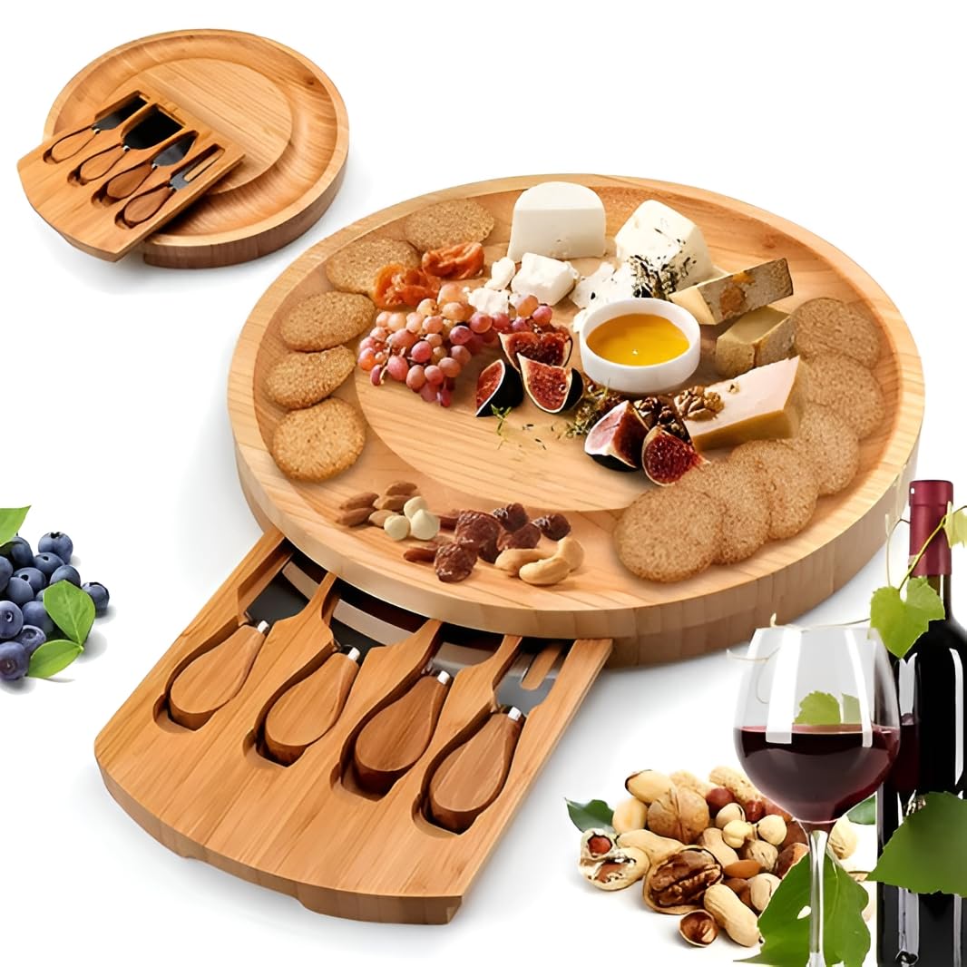 Charcuterie Boards Gift Set - Premium Bamboo Cheese Board Set with 4 PCS Knife Set, Serving Plates Housewarming, Wedding,Christmas Charcuterie Board, Hostess Gifts