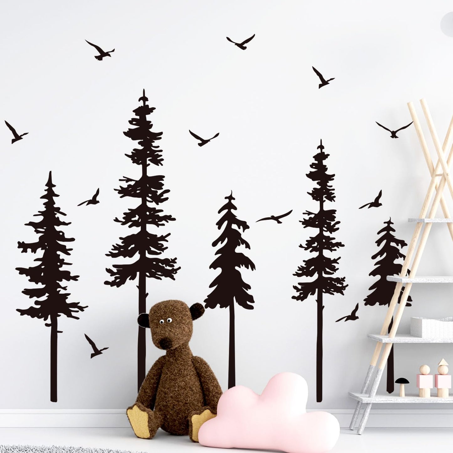 Large Pine Trees Wall Decals Black Forest Wall Stickers Christmas Decoration Wallpaper Woodland Animal Birds Mural Decals Peel and Stick Vinyl Wall Art Stickers for Bedroom