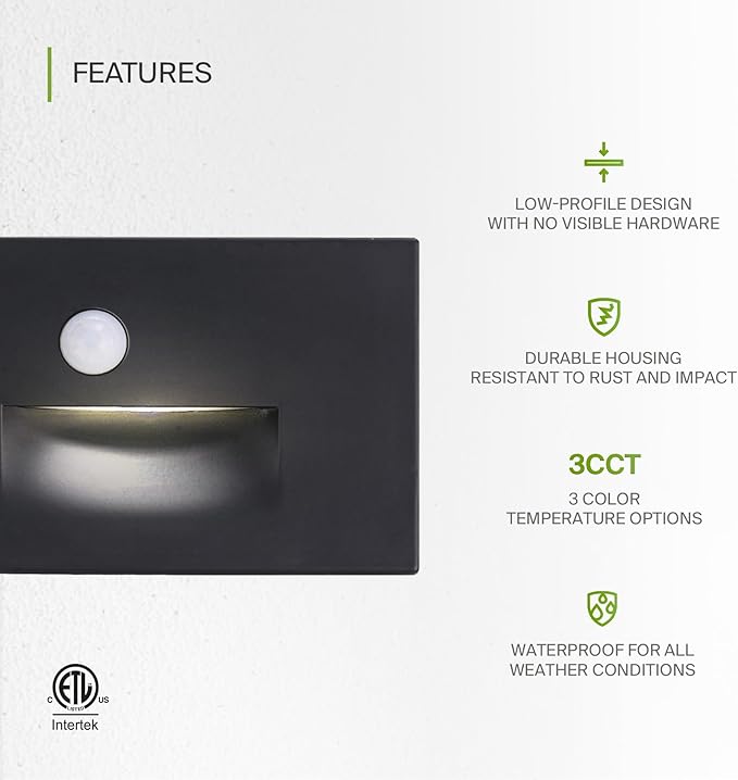 ASD LED Recessed Step Light Fixture, Outdoor & Indoor Stair Tread Lighting | 3CCT, Motion Sensor, Waterproof, ETL Listed | 3W 120LM 3000K-5000K 120V | Staircase Hardwired Illumination | Black, 12 Pack