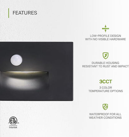 ASD LED Recessed Step Light Fixture, Outdoor & Indoor Stair Tread Lighting | 3CCT, Motion Sensor, Waterproof, ETL Listed | 3W 120LM 3000K-5000K 120V | Staircase Hardwired Illumination | Black, 4 Pack
