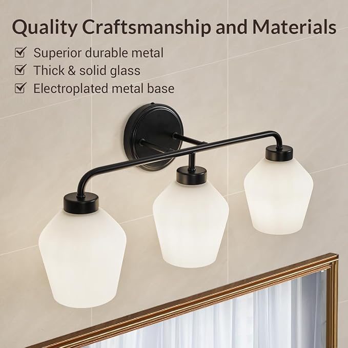 ANDY STAR Black Bathroom Light Fixture, 3-Light Bathroom Vanity Light, 25" Geometric Wall Light with Milky White Frosted Glass Shade, Industrial Metal Wall Sconce, E26 Base, Easy Installation