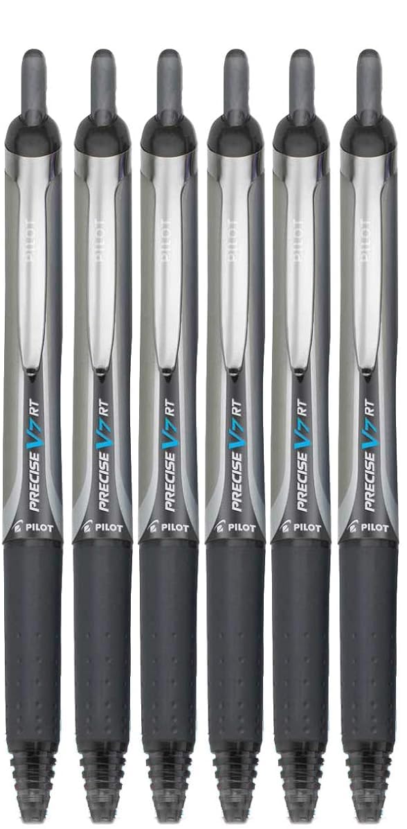 Advantage Gifts Precise V7 RT Retractable Rolling Ball Pens, Fine Point (.7mm), Black Ink, 6-pk; Premium Comfort Grip, Bundle with Plastic Reusable Pouch