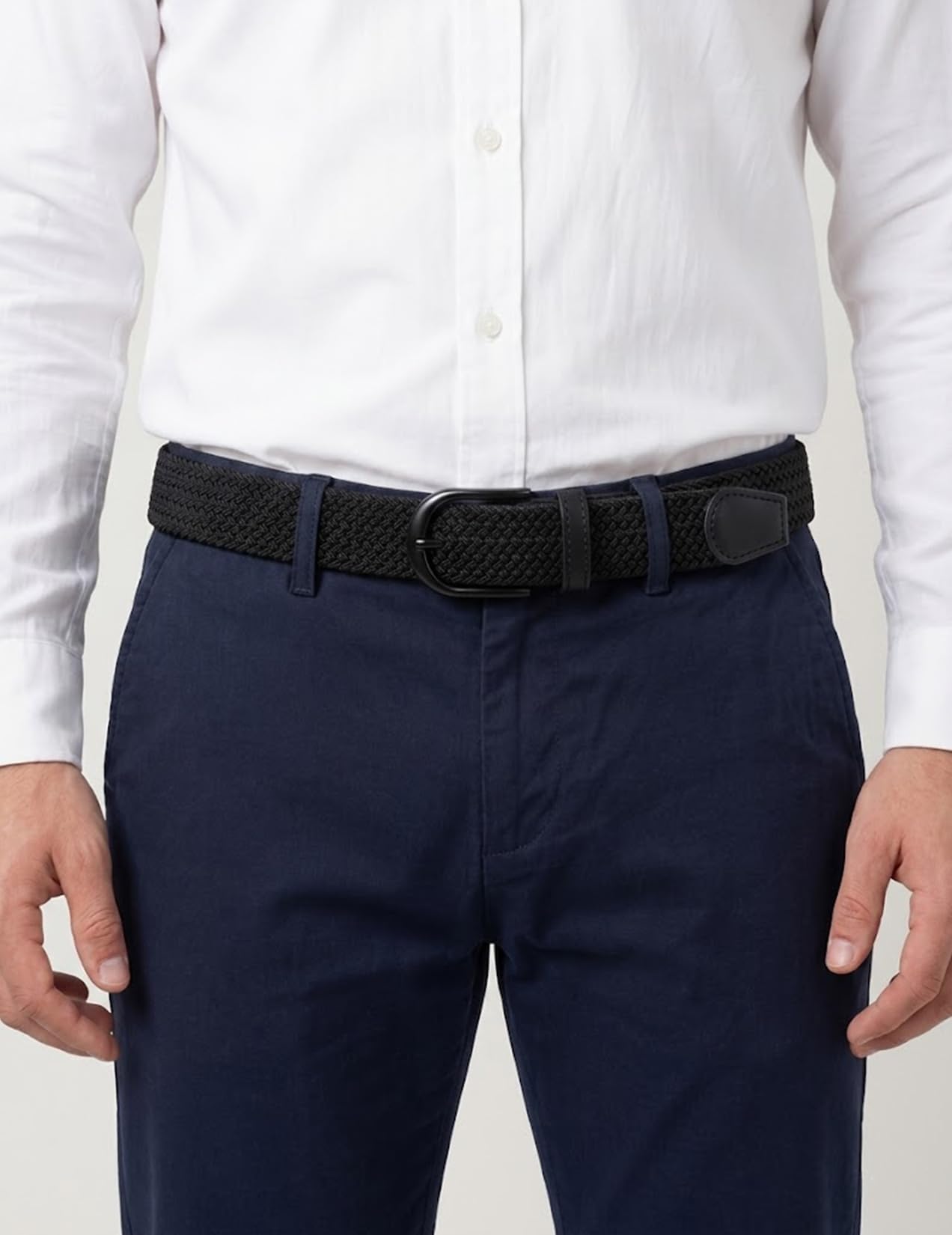 Mile High Life | Braided Stretch Elastic Belts | Pin Oval Solid Black Belt Buckle | PU Loop End Tip Men/Women/Junior Belt