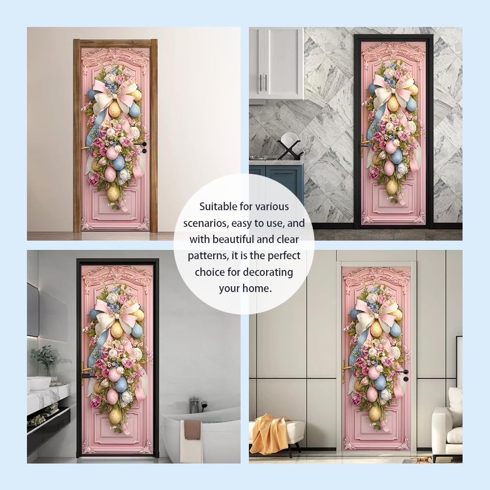 WDESYADMS PVC Self Adhesive Door Sticker 30.3x78.7 Inch Easter Eggs and Floral Bow Design Peel and Stick Decorative Door Decal for Bedroom Living Room Entryway Spring Home Decor