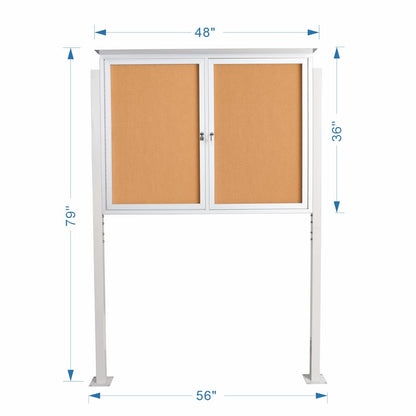 Standing Enclosed Bulletin Board 36”x48” Weather-Resistant Outdoor Noticeboard with Locking Doors，Community Sign with Metal Pole & Silver Aluminum Frame & Cork Presentation Board