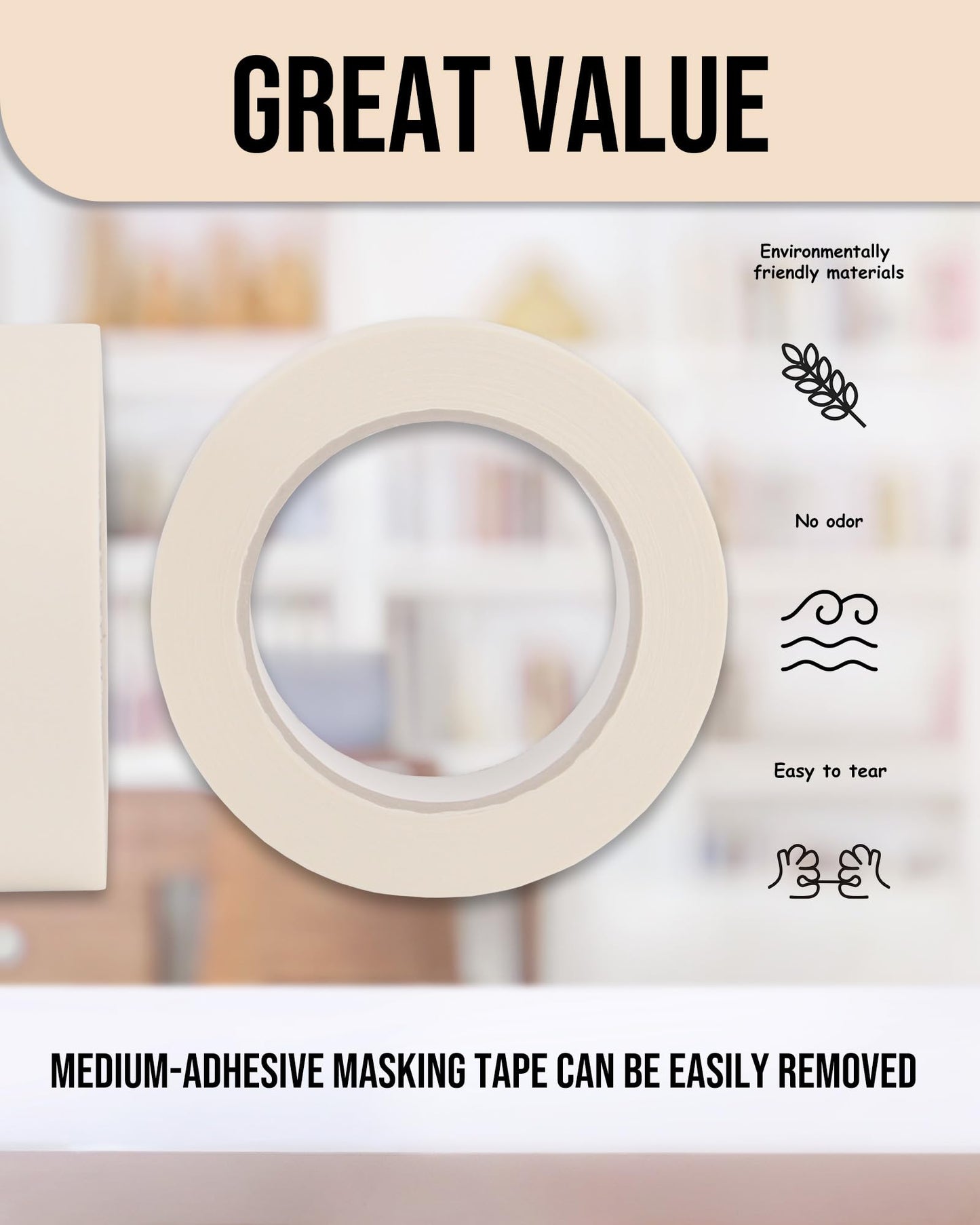 Lichamp Masking Tape 1 inch, 24 Pack General Purpose Beige White Masking Tape, 1 inch x 55 Yards x 24 Rolls (1320 Total Yards)