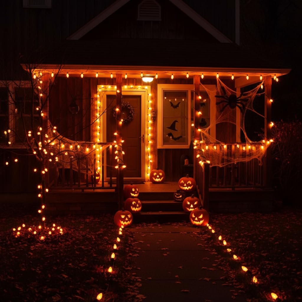 Pallerina C9 LED Orange Halloween Lights, 25 Foot 26 Bulbs String Lights, 120V Energy Saving, IP44 Weather Resistant Connectable Lights for Patio, Roofline, Garden, Festival Decoration
