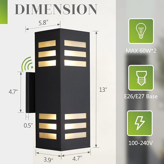 Outdoor Wall Lights, 2 Pack Dusk to Dawn Porch Light Waterproof, 13" Modern Outside Light Rectangular, Large Up Down Exterior Lighting Fixtures for Patio, Garage, Doorway, Black