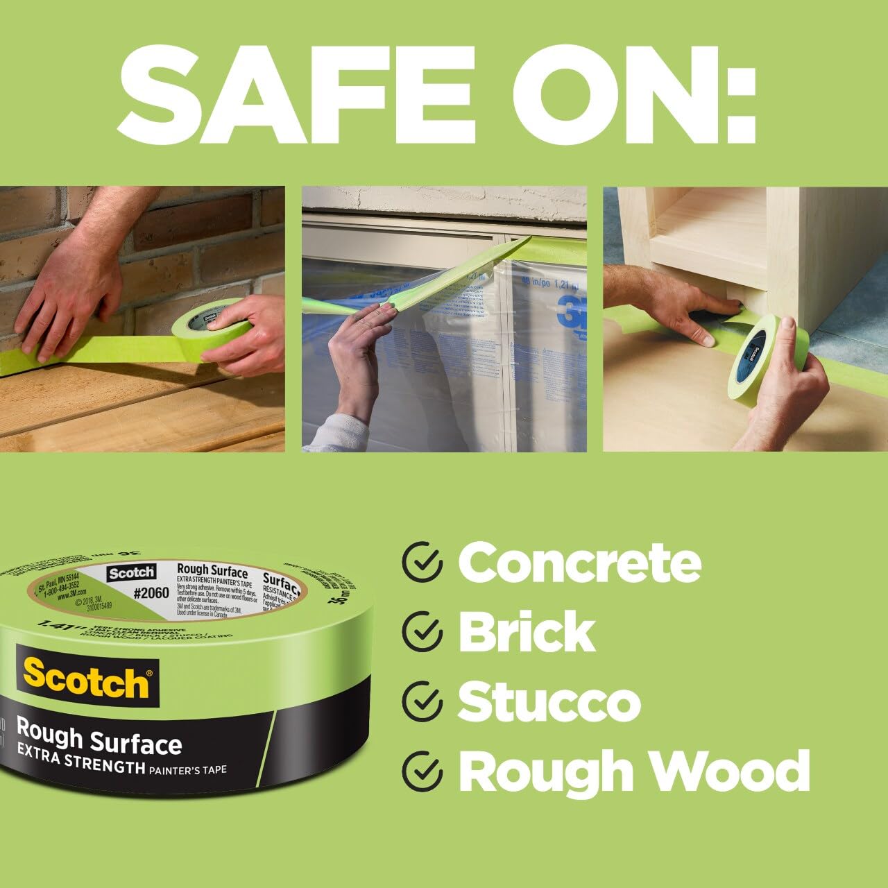 Scotch Rough Surface Painter's Tape 2060-24AR-BK, 0.94 in x 60.1 yd (24mm x 55m), Green, 9 Rolls Contractor Pack, Clean Removal, No Residue, Textured & Hard-to-Stick Surfaces
