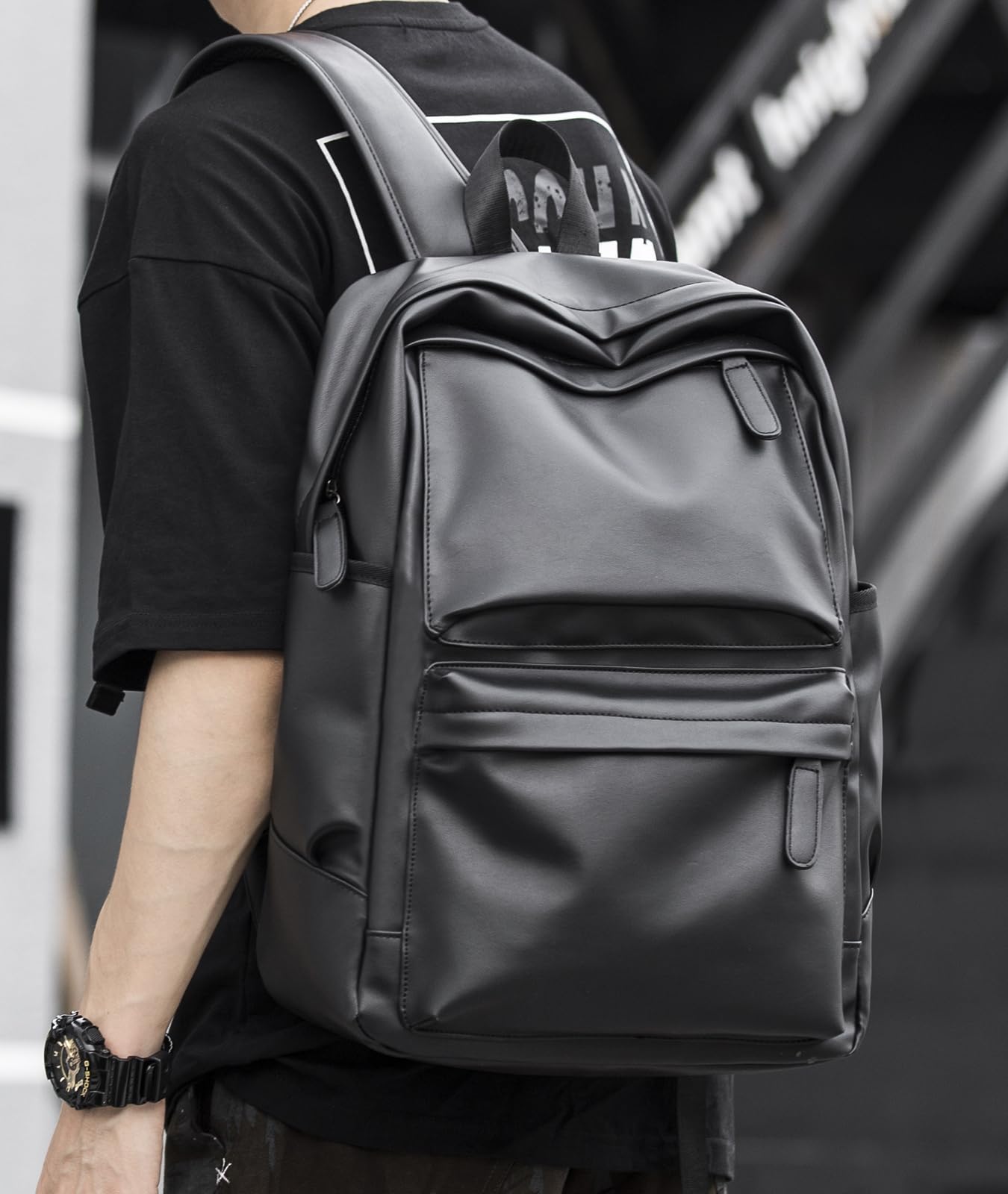 MOYYI Leather Laptop Backpack for Men Black Fit 15.6inch Laptop Backpack Simplify Rucksack Waterproof for Work Commute Casual Daypack