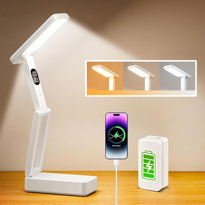 Small Desk Lamp,10000mAh Battery Operated Lamp,3 Colors+Dimmable Desk Light,LED Desk Lamp with USB Charging Port+Digital Clock+45min-Timer,Wireless & Portable Light,Desk Lamps for Home Office,Craft
