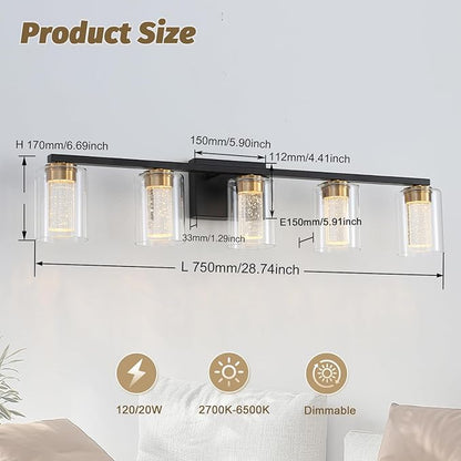 5-Light Black Bathroom Light Fixture, Dimmable 5CCT Black and Gold Bathroom Vanity Lights, 2700K-6500K Modern Crystal Bubble LED Wall Sconce Over Mirror with Clear Glass