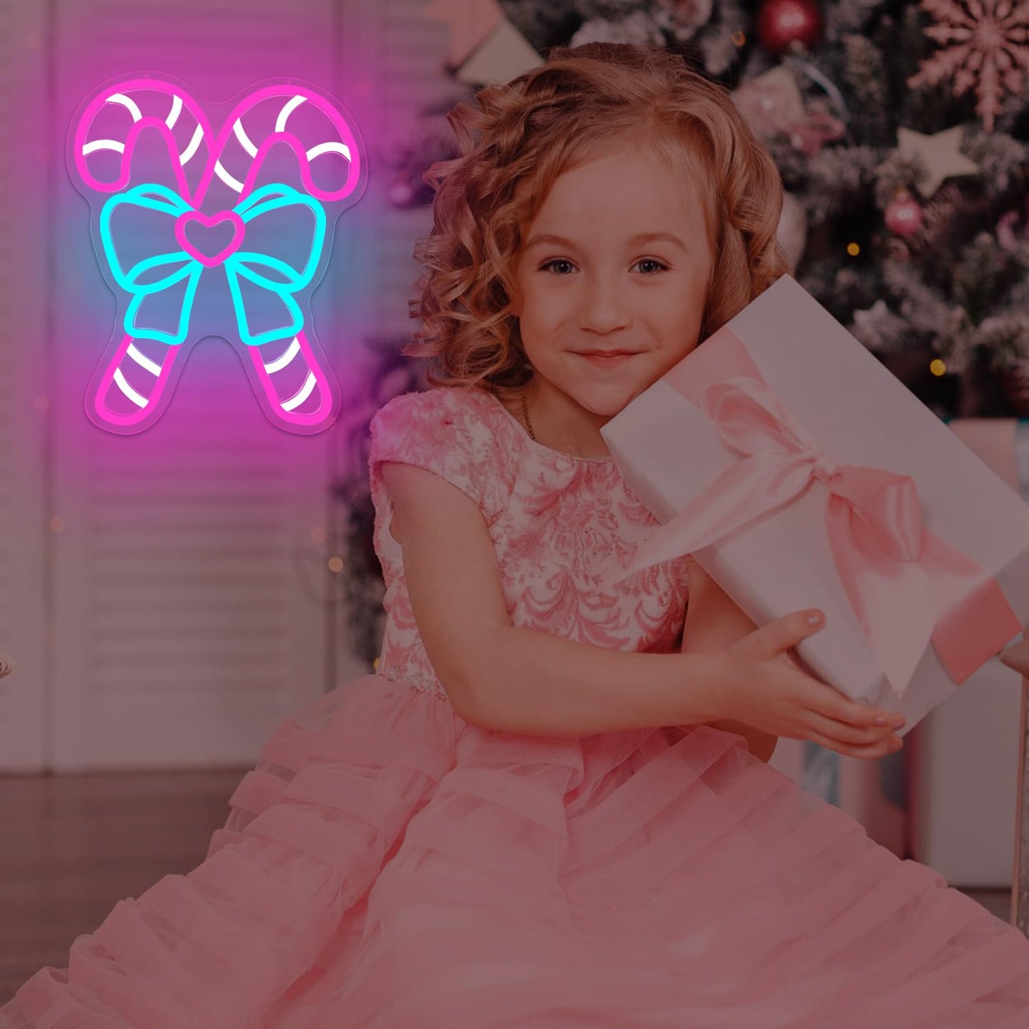 Pink Candy Canes Neon Sign Candy Christmas Neon Sign for Wall Decor Pink Christmas Decor Led Sign with Bow Xmas Neon Light Up Signs for Window Bedroom Holiday Xmas Party Home Decoration Gift Winter